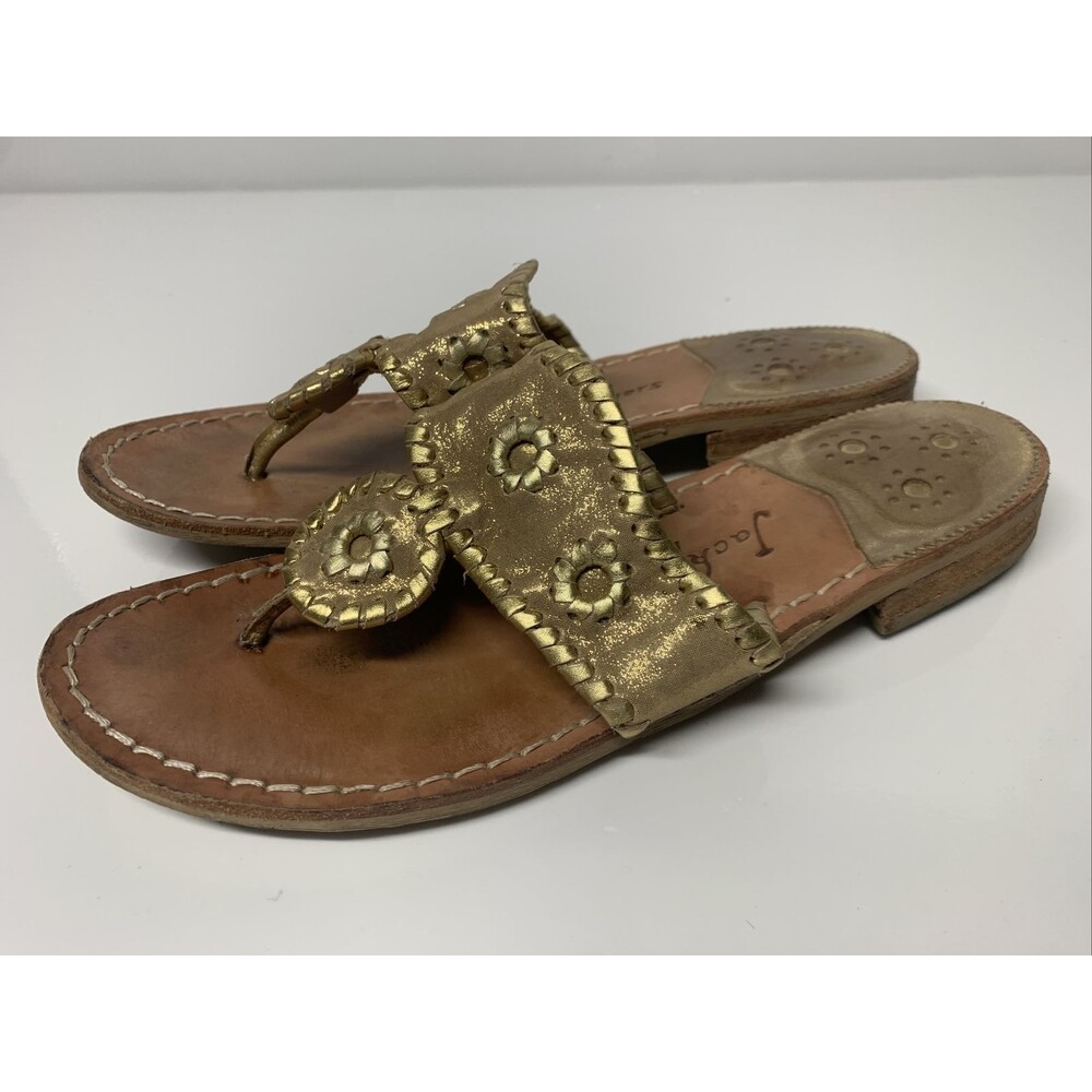 Jack Rogers Hamptons Flats Thong Sandals Platinum Leather Gold Size 8M Metallic